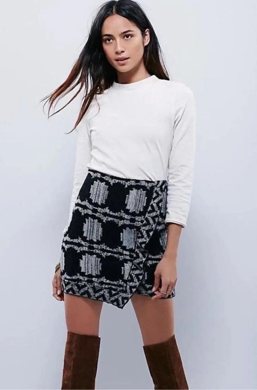 Free People black combo knit stretchy Aztec asymmetrical S skirt